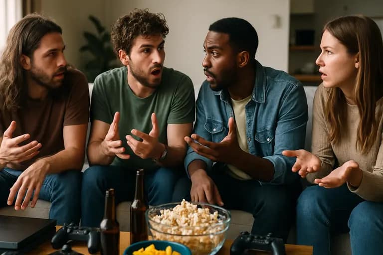 Friends in voice chat while one player reviews a purchase confirmation screen