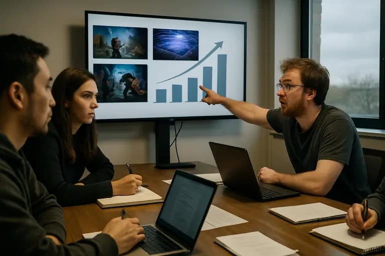 Developers reviewing character cosmetics and pricing notes in a meeting room