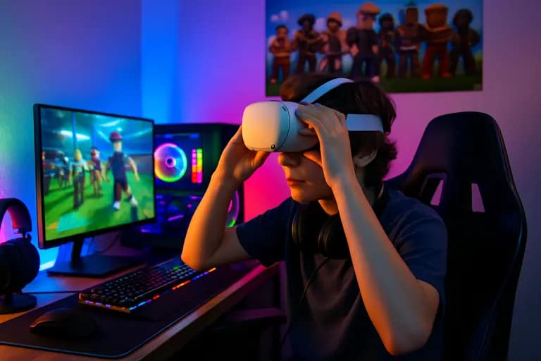 Phone, controller, keyboard, and monitor arranged for Roblox performance testing