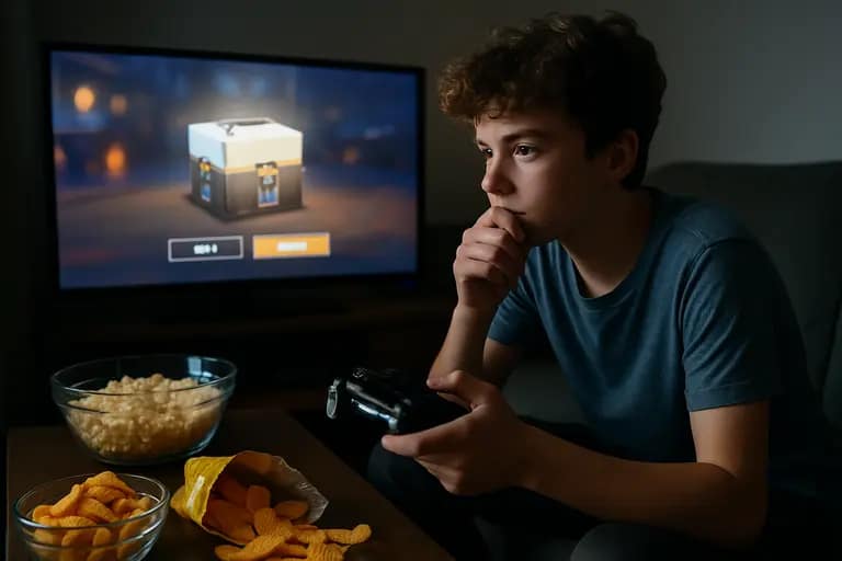 A gamer studies real-money prices and probability information before buying