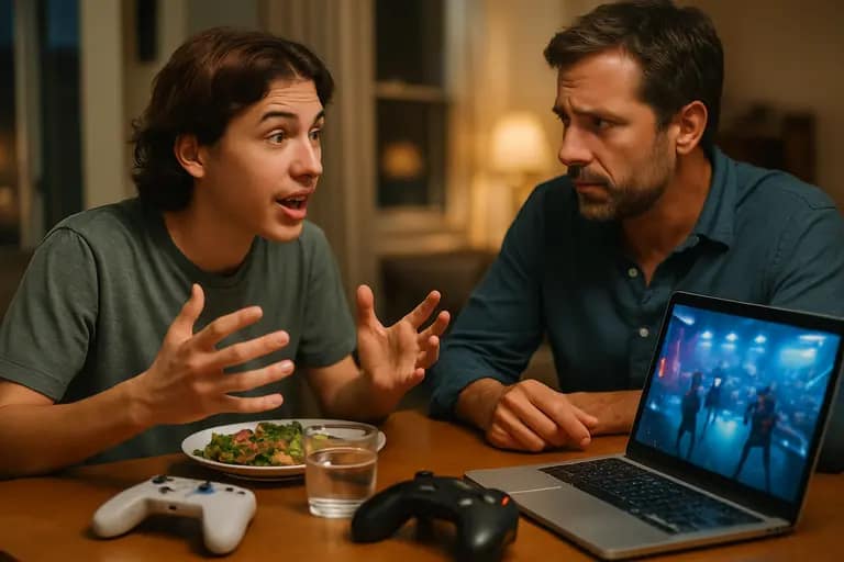 A parent and teen reviewing console purchase settings at a living room table