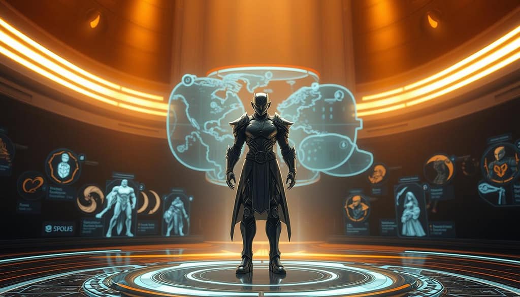 Soft counter strategy: a sleek, futuristic interface displays various hero icons, each with unique abilities and playstyles. In the foreground, a central hero model stands tall, poised and ready, their abilities shimmering with subtle energy. Behind them, a holographic map unfolds, revealing dynamic battlefield conditions and strategic options. Warm lighting bathes the scene, creating an atmosphere of contemplation and tactical insight. The overall impression is one of carefully considered counterplay, where adaptability and foresight are the keys to outmaneuvering opponents.