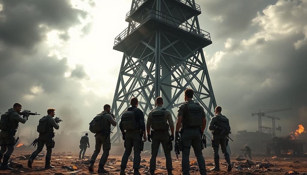 A dramatic battlefield scene centered on a towering structure representing high ground in a battle royale setting. In the foreground, a group of diverse, well-equipped characters in professional tactical attire strategizes as they gaze upward, plotting their approach to counter an unseen enemy held in the tower above. The middle ground features the imposing tower, its height accentuated by sunlight breaking through overcast skies, casting dynamic shadows that highlight the challenges of elevation combat. In the background, a chaotic landscape of a modern urban environment extends, with fallen debris and distant skirmishes, enhancing the tension. The mood is intense and strategic, with a cinematic angle emphasizing the height disparity, as characters prepare to launch their tactical counteroffensive. The lighting is dramatic, with sharp contrasts and a slight haze over the scene to evoke urgency and challenge. A dramatic battlefield scene centered on a towering structure representing high ground in a battle royale setting. In the foreground, a group of diverse, well-equipped characters in professional tactical attire strategizes as they gaze upward, plotting their approach to counter an unseen enemy held in the tower above. The middle ground features the imposing tower, its height accentuated by sunlight breaking through overcast skies, casting dynamic shadows that highlight the challenges of elevation combat. In the background, a chaotic landscape of a modern urban environment extends, with fallen debris and distant skirmishes, enhancing the tension. The mood is intense and strategic, with a cinematic angle emphasizing the height disparity, as characters prepare to launch their tactical counteroffensive. The lighting is dramatic, with sharp contrasts and a slight haze over the scene to evoke urgency and challenge.