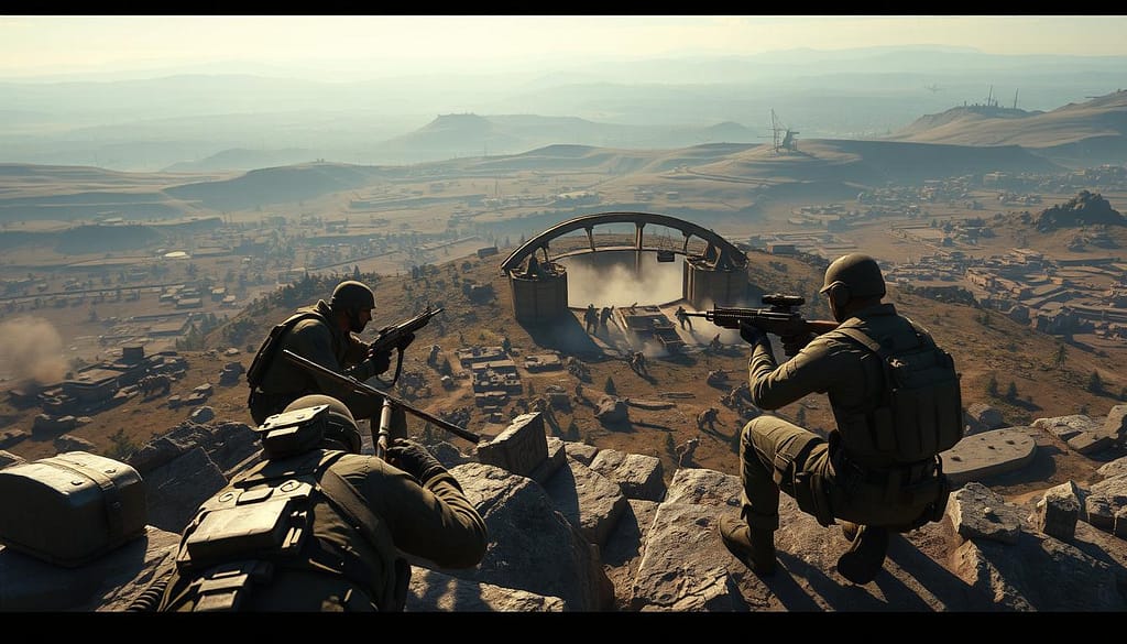 A dynamic battlefield scene showcasing a high ground control landing strategy in a battle royale game. In the foreground, a group of strategically positioned soldiers in modern tactical gear are taking aim from a rocky ledge, their expressions focused and determined. In the middle ground, a wide expanse of rugged terrain is visible, dotted with obstacles and cover, while enemy forces are engaged in a skirmish below. The background features a sprawling, panoramic view of the landscape, including hills and distant buildings. The scene is illuminated by dramatic lighting that casts long shadows, enhancing the intensity of the moment. The angle is slightly elevated, giving a sense of elevation and vantage point. The atmosphere conveys tension and urgency, reflecting the crucial importance of holding the height in combat. A dynamic battlefield scene showcasing a high ground control landing strategy in a battle royale game. In the foreground, a group of strategically positioned soldiers in modern tactical gear are taking aim from a rocky ledge, their expressions focused and determined. In the middle ground, a wide expanse of rugged terrain is visible, dotted with obstacles and cover, while enemy forces are engaged in a skirmish below. The background features a sprawling, panoramic view of the landscape, including hills and distant buildings. The scene is illuminated by dramatic lighting that casts long shadows, enhancing the intensity of the moment. The angle is slightly elevated, giving a sense of elevation and vantage point. The atmosphere conveys tension and urgency, reflecting the crucial importance of holding the height in combat.