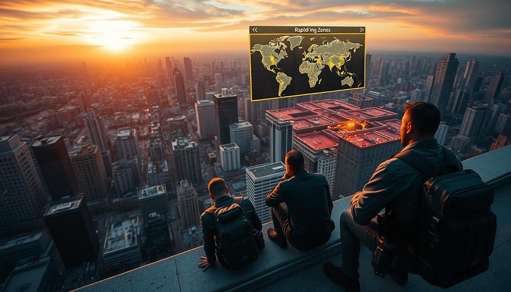 A high-angle view of an urban rooftop scene featuring a tactical team preparing for a strategic drop. In the foreground, a diverse group of three individuals in professional attire, equipped with sleek gear, crouches near a ledge, scanning for optimal landing zones below. The middle ground showcases a bustling cityscape, with hot zones identified by highlighted areas on a digital map projected in the air. The background captures distant skyscrapers under a dramatic sunset, with streaks of orange and purple casting an adventurous glow. The atmosphere is tense yet focused, hinting at rapid looting techniques in action. The scene is illuminated by natural light with shadows enhancing the depth, captured with a wide-angle perspective to emphasize the urgency of the moment. A high-angle view of an urban rooftop scene featuring a tactical team preparing for a strategic drop. In the foreground, a diverse group of three individuals in professional attire, equipped with sleek gear, crouches near a ledge, scanning for optimal landing zones below. The middle ground showcases a bustling cityscape, with hot zones identified by highlighted areas on a digital map projected in the air. The background captures distant skyscrapers under a dramatic sunset, with streaks of orange and purple casting an adventurous glow. The atmosphere is tense yet focused, hinting at rapid looting techniques in action. The scene is illuminated by natural light with shadows enhancing the depth, captured with a wide-angle perspective to emphasize the urgency of the moment.
