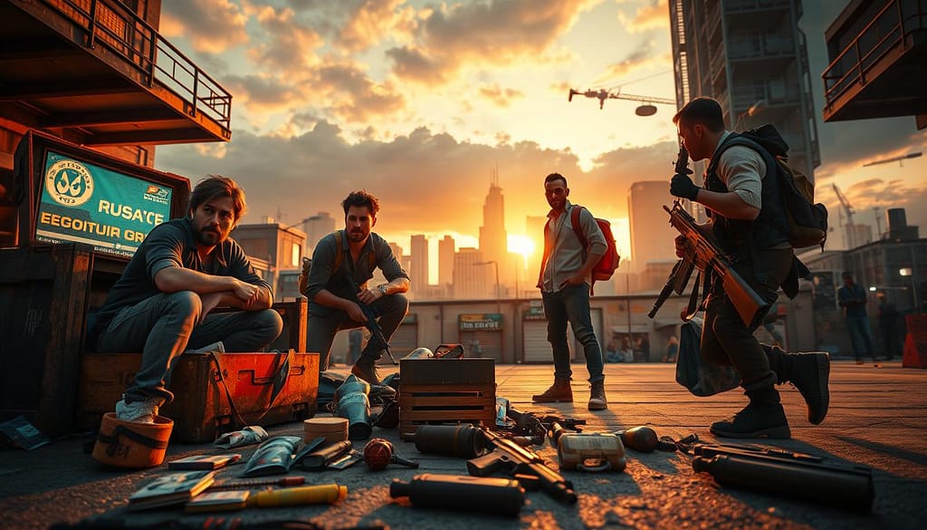 A tense survival scene unfolds in a vibrant urban hot zone, showcasing a diverse group of four players preparing for early game loot. In the foreground, two players in modest casual clothing, one squatting near an open crate filled with weapons and supplies, while the other scans the area, vigilant and ready for action. The middle ground features scattered loot items like health packs, grenades, and armor, some glowing with light to attract focus. In the background, a cityscape looms under a dramatic sunset, casting a warm glow and long shadows, enhancing the feeling of urgency. The atmosphere is charged and strategic, with dynamic lighting highlighting the players' focused expressions and the chaos of the environment. The angle is slightly tilted, emphasizing the tension of impending encounters. A tense survival scene unfolds in a vibrant urban hot zone, showcasing a diverse group of four players preparing for early game loot. In the foreground, two players in modest casual clothing, one squatting near an open crate filled with weapons and supplies, while the other scans the area, vigilant and ready for action. The middle ground features scattered loot items like health packs, grenades, and armor, some glowing with light to attract focus. In the background, a cityscape looms under a dramatic sunset, casting a warm glow and long shadows, enhancing the feeling of urgency. The atmosphere is charged and strategic, with dynamic lighting highlighting the players' focused expressions and the chaos of the environment. The angle is slightly tilted, emphasizing the tension of impending encounters.