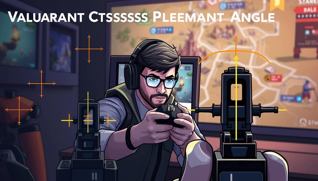 A detailed illustration of "Valorant Crosshair Placement Angles," showcasing various strategic crosshair positions for head-level aiming in a competitive gaming environment. In the foreground, visually distinct crosshairs targeted at different angles, with a clear focus on head-level height. In the middle ground, a player in professional gaming attire, confidently practicing aim with a modern gaming mouse, eyes fixed on a screen displaying an in-game scenario. The background features a stylized game map with essential landmarks, subtly blurred to enhance depth. The scene is illuminated with dynamic lighting, emphasizing the precision required in crosshair placement. The mood is intense and focused, embodying the essence of competitive gameplay and strategic preparation. A detailed illustration of "Valorant Crosshair Placement Angles," showcasing various strategic crosshair positions for head-level aiming in a competitive gaming environment. In the foreground, visually distinct crosshairs targeted at different angles, with a clear focus on head-level height. In the middle ground, a player in professional gaming attire, confidently practicing aim with a modern gaming mouse, eyes fixed on a screen displaying an in-game scenario. The background features a stylized game map with essential landmarks, subtly blurred to enhance depth. The scene is illuminated with dynamic lighting, emphasizing the precision required in crosshair placement. The mood is intense and focused, embodying the essence of competitive gameplay and strategic preparation.