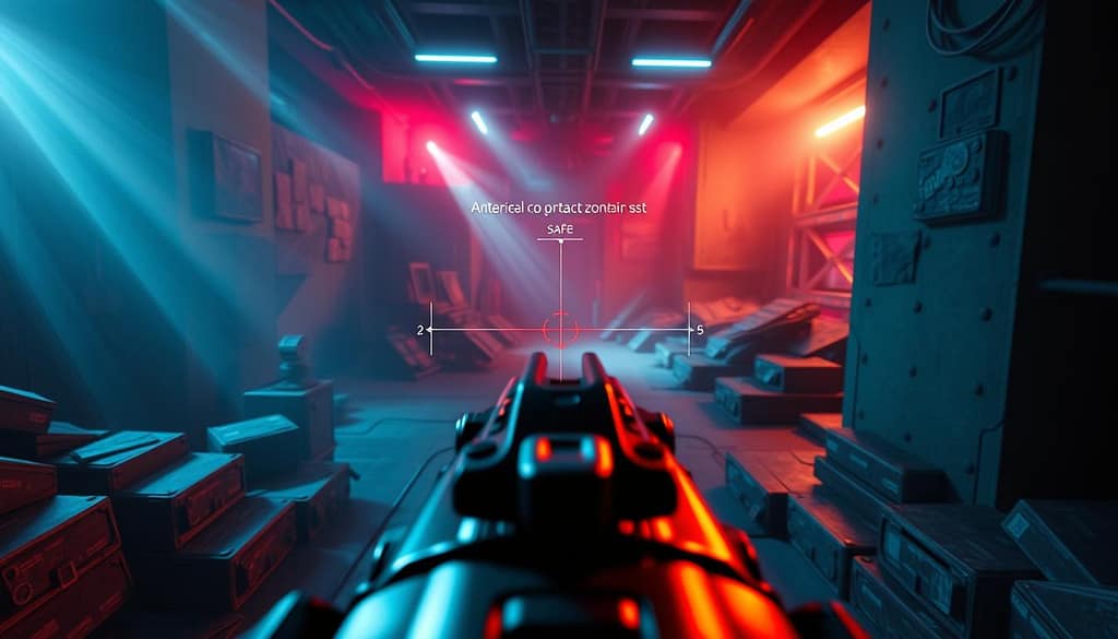 A dynamic gaming environment showcasing a first-person shooter perspective. In the foreground, a sleek, high-tech crosshair is positioned at the center of the view, with clear indicators highlighting angles of pre-aim and potential contact zones. The middle layer features a virtual gaming battlefield, with contrasting angles and safe spots marked by sharp lines and subtle glow effects, emphasizing tactical awareness. The background is a richly detailed digital landscape, with shadowy corners and vibrant lighting that creates a sense of depth and tension. Soft light beams filter through, enhancing the mood of focus and anticipation. The overall atmosphere is tense yet strategic, reflecting the essence of angle isolation in competitive gameplay. A dynamic gaming environment showcasing a first-person shooter perspective. In the foreground, a sleek, high-tech crosshair is positioned at the center of the view, with clear indicators highlighting angles of pre-aim and potential contact zones. The middle layer features a virtual gaming battlefield, with contrasting angles and safe spots marked by sharp lines and subtle glow effects, emphasizing tactical awareness. The background is a richly detailed digital landscape, with shadowy corners and vibrant lighting that creates a sense of depth and tension. Soft light beams filter through, enhancing the mood of focus and anticipation. The overall atmosphere is tense yet strategic, reflecting the essence of angle isolation in competitive gameplay.
