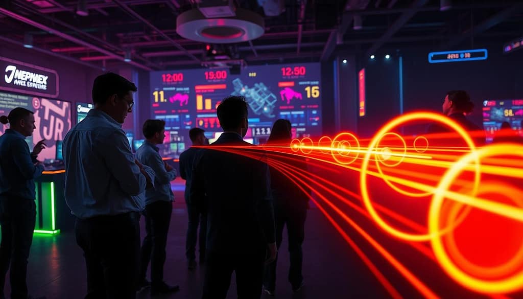 A strategic gaming scene illustrating "timing windows pressure points". In the foreground, vibrant energy lines depict various timing windows in a dynamic gaming environment, represented by glowing, pulsating circles connected by bright trails. In the middle ground, silhouettes of focused players analyze the game map, dressed in professional casual attire, engaged in tactical discussions, emphasizing teamwork. The background features a futuristic gaming arena with LED screens displaying game metrics and vibrant colors that enhance the atmosphere. Utilize dramatic lighting to create depth, with shadows casting from the players, and a slight depth of field to draw attention to the timing windows. The overall mood should be intense and focused, capturing the essence of strategic decision-making in competitive play.