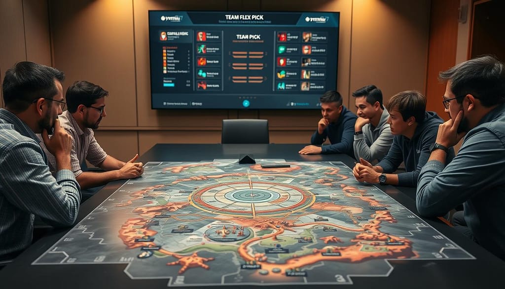 A conference room table with a detailed map of a strategic video game arena displayed on its surface. Around the table, a team of professional esports players and coaches lean forward, engaged in an intense discussion. Soft, warm lighting casts a contemplative mood, while a large screen in the background displays a dynamic team composition diagram. The players' faces are focused, hands gesturing as they analyze potential flex pick options and counter-strategies. The room's atmosphere conveys a sense of high-stakes decision-making and collaborative problem-solving. A conference room table with a detailed map of a strategic video game arena displayed on its surface. Around the table, a team of professional esports players and coaches lean forward, engaged in an intense discussion. Soft, warm lighting casts a contemplative mood, while a large screen in the background displays a dynamic team composition diagram. The players' faces are focused, hands gesturing as they analyze potential flex pick options and counter-strategies. The room's atmosphere conveys a sense of high-stakes decision-making and collaborative problem-solving.