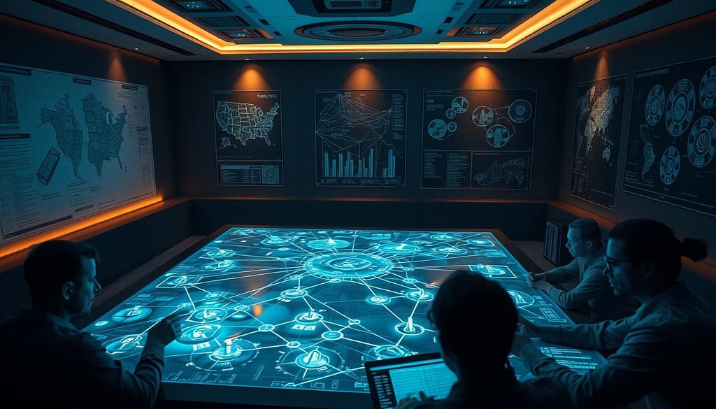 A dimly lit strategic planning room, with a large table in the center. On the table, a holographic display projects a complex web of interconnected game strategies, each represented by glowing nodes and lines. The walls are adorned with tactical maps and diagrams, casting a warm glow across the scene. In the foreground, a team of analysts pore over data feeds, their faces illuminated by the soft blue light of their displays. The atmosphere is one of intense focus and contemplation, as the team carefully considers their options for the upcoming match. A dimly lit strategic planning room, with a large table in the center. On the table, a holographic display projects a complex web of interconnected game strategies, each represented by glowing nodes and lines. The walls are adorned with tactical maps and diagrams, casting a warm glow across the scene. In the foreground, a team of analysts pore over data feeds, their faces illuminated by the soft blue light of their displays. The atmosphere is one of intense focus and contemplation, as the team carefully considers their options for the upcoming match.