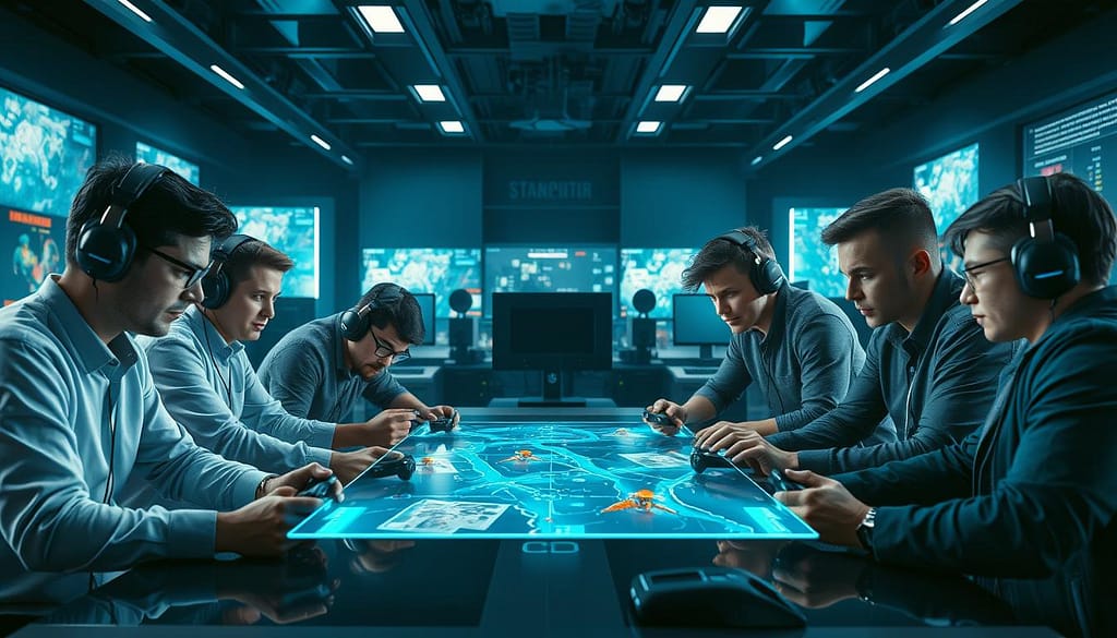 A focused team of professional esports players strategizing together in a brightly lit, high-intensity gaming environment. In the foreground, the players are leaning in, hands on controllers, faces intense with concentration as they coordinate their next moves. In the middle ground, a large, holographic game map hovers above the table, with icons representing team units and enemy forces. The background features a sleek, technologically advanced control room, with screens displaying gameplay data and analytics. Dramatic lighting casts strategic shadows, emphasizing the gravity of the situation. An atmosphere of determination, unity, and the thrill of high-stakes competition permeates the scene. A focused team of professional esports players strategizing together in a brightly lit, high-intensity gaming environment. In the foreground, the players are leaning in, hands on controllers, faces intense with concentration as they coordinate their next moves. In the middle ground, a large, holographic game map hovers above the table, with icons representing team units and enemy forces. The background features a sleek, technologically advanced control room, with screens displaying gameplay data and analytics. Dramatic lighting casts strategic shadows, emphasizing the gravity of the situation. An atmosphere of determination, unity, and the thrill of high-stakes competition permeates the scene.