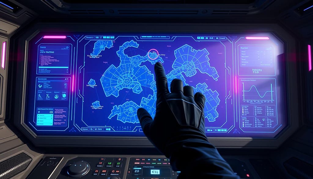 A high-tech control panel with a central holographic display showcasing a complex tactical map. The map is rendered in shades of blue and purple, with pulsing indicators highlighting key positions and objectives. In the foreground, a gloved hand hovers over the display, pausing to select a strategic point as the surrounding interfaces flicker with data readouts. Soft, directional lighting casts dramatic shadows, creating a sense of intensity and focus. The background is a minimalist, steel-grey environment, emphasizing the technological nature of the scene. Subtle grid-like patterns and glowing accents add depth and a futuristic aesthetic, reflecting the "vision denial timing strategy" concept. A high-tech control panel with a central holographic display showcasing a complex tactical map. The map is rendered in shades of blue and purple, with pulsing indicators highlighting key positions and objectives. In the foreground, a gloved hand hovers over the display, pausing to select a strategic point as the surrounding interfaces flicker with data readouts. Soft, directional lighting casts dramatic shadows, creating a sense of intensity and focus. The background is a minimalist, steel-grey environment, emphasizing the technological nature of the scene. Subtle grid-like patterns and glowing accents add depth and a futuristic aesthetic, reflecting the "vision denial timing strategy" concept.