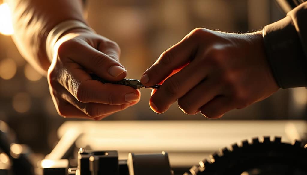 A skilled mechanic's hands in close-up, delicately manipulating precision tools against a softly blurred background. Warm studio lighting casts dramatic shadows, emphasizing the intricate movements and deft control. The scene radiates a sense of focus, discipline, and technical mastery - the essence of "mechanical drills" honing one's competitive edge. Subtle hints of the workshop environment provide context, but the primary emphasis is on the mechanic's hands, their actions, and the careful, deliberate execution of a task. A skilled mechanic's hands in close-up, delicately manipulating precision tools against a softly blurred background. Warm studio lighting casts dramatic shadows, emphasizing the intricate movements and deft control. The scene radiates a sense of focus, discipline, and technical mastery - the essence of "mechanical drills" honing one's competitive edge. Subtle hints of the workshop environment provide context, but the primary emphasis is on the mechanic's hands, their actions, and the careful, deliberate execution of a task.