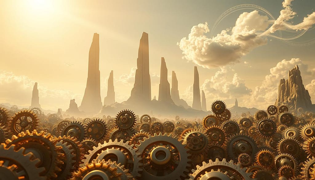 A surreal landscape where macro and micro elements seamlessly integrate. In the foreground, intricate cog-like structures intertwine, symbolizing the complex interconnections between large-scale and small-scale processes. The middle ground features towering, abstract shapes that simultaneously suggest both organic growth and technological innovation. Bathed in a warm, golden glow from an unseen light source, the scene conveys a sense of harmony and balance between the grand and the granular. Wispy, cloud-like formations drift across a vast, ethereal sky, hinting at the dynamic flow between different scales of reality. The overall composition evokes a sense of wonder and contemplation, inviting the viewer to explore the rich tapestry of macro and micro integration. A surreal landscape where macro and micro elements seamlessly integrate. In the foreground, intricate cog-like structures intertwine, symbolizing the complex interconnections between large-scale and small-scale processes. The middle ground features towering, abstract shapes that simultaneously suggest both organic growth and technological innovation. Bathed in a warm, golden glow from an unseen light source, the scene conveys a sense of harmony and balance between the grand and the granular. Wispy, cloud-like formations drift across a vast, ethereal sky, hinting at the dynamic flow between different scales of reality. The overall composition evokes a sense of wonder and contemplation, inviting the viewer to explore the rich tapestry of macro and micro integration.