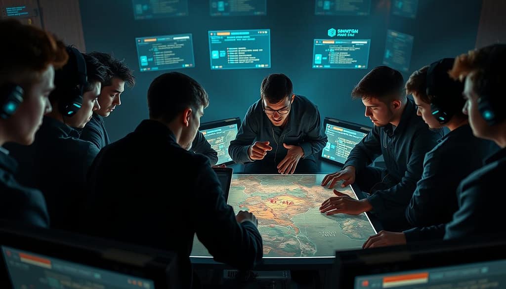 A team of players gathered around a digital map, their faces illuminated by the soft glow of computer screens. Pings of communication blink and flash, connecting them across the virtual battlefield. In the center, a trio of strategists huddle, gesturing and pointing, coordinating the team's split-push maneuver. Tension and focus radiates from the scene, capturing the critical moment of split-push decision making that can turn the tide of the game. A team of players gathered around a digital map, their faces illuminated by the soft glow of computer screens. Pings of communication blink and flash, connecting them across the virtual battlefield. In the center, a trio of strategists huddle, gesturing and pointing, coordinating the team's split-push maneuver. Tension and focus radiates from the scene, capturing the critical moment of split-push decision making that can turn the tide of the game.