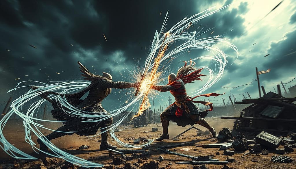 A tense, high-stakes moment on a battlefield. In the foreground, two warriors clash amidst a swirling vortex of energy, their weapons colliding with sparks and shimmering blades. The middle ground is littered with debris and shattered structures, creating a sense of urgency and conflict. In the background, a looming, ominous sky casts an intense, dramatic lighting, accentuating the decisive nature of this encounter. The overall atmosphere is one of strategic maneuvering, where timing and positioning are key to seizing victory. A tense, high-stakes moment on a battlefield. In the foreground, two warriors clash amidst a swirling vortex of energy, their weapons colliding with sparks and shimmering blades. The middle ground is littered with debris and shattered structures, creating a sense of urgency and conflict. In the background, a looming, ominous sky casts an intense, dramatic lighting, accentuating the decisive nature of this encounter. The overall atmosphere is one of strategic maneuvering, where timing and positioning are key to seizing victory.