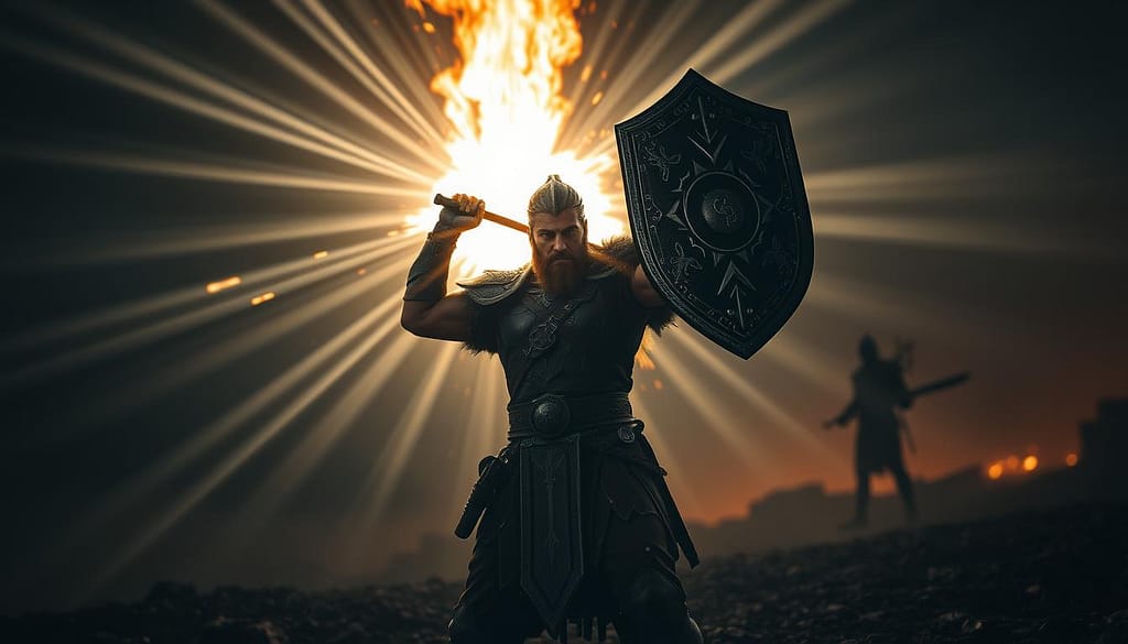 A valiant warrior stands resolute, shield raised to deflect the ominous glow of an enemy's surging power spike. The battlefield is shadowed, the air thick with tension. Beams of strategic light pierce the gloom, illuminating the warrior's determined expression as they brace for the impending clash. Intricate runes flicker along the shield's edge, channeling protective energies. In the distance, the foe's silhouette looms, its power coalescing into a formidable attack. This is the moment of truth, where skill and timing converge to counter the enemy's advantage and seize the initiative. A valiant warrior stands resolute, shield raised to deflect the ominous glow of an enemy's surging power spike. The battlefield is shadowed, the air thick with tension. Beams of strategic light pierce the gloom, illuminating the warrior's determined expression as they brace for the impending clash. Intricate runes flicker along the shield's edge, channeling protective energies. In the distance, the foe's silhouette looms, its power coalescing into a formidable attack. This is the moment of truth, where skill and timing converge to counter the enemy's advantage and seize the initiative.