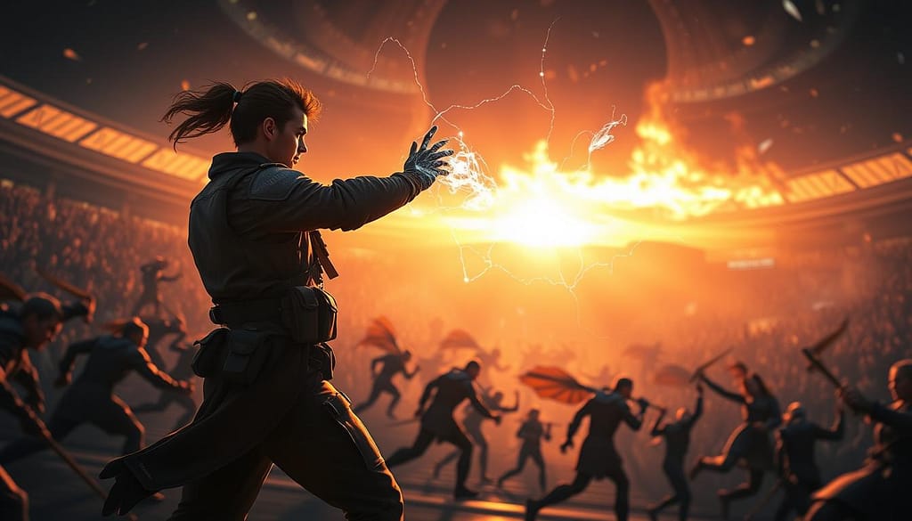 A vast arena, bathed in the warm glow of a setting sun. In the foreground, a league of champions engage in a strategic dance, their movements precise and calculated. A seasoned player, clad in tactical gear, expertly manipulates the flow of the battle, pushing the opposition back with a series of well-timed maneuvers. Tendrils of energy emanate from their fingertips, shaping the very fabric of the arena, freezing their foes in place. The background is a blur of action, as the other players scramble to adapt to this masterful display of lane control. The atmosphere is tense, yet exhilarating, as the outcome of the match hangs in the balance. A vast arena, bathed in the warm glow of a setting sun. In the foreground, a league of champions engage in a strategic dance, their movements precise and calculated. A seasoned player, clad in tactical gear, expertly manipulates the flow of the battle, pushing the opposition back with a series of well-timed maneuvers. Tendrils of energy emanate from their fingertips, shaping the very fabric of the arena, freezing their foes in place. The background is a blur of action, as the other players scramble to adapt to this masterful display of lane control. The atmosphere is tense, yet exhilarating, as the outcome of the match hangs in the balance.