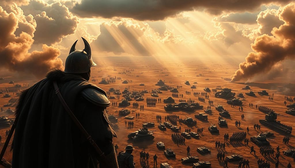 A vast, strategic battlefield sprawls before a commanding figure, the Baron, surveying the landscape with a keen eye. Rays of golden light pierce through billowing smoke, casting dramatic shadows across the scene. Intricately detailed artillery pieces, armored vehicles, and ranks of soldiers stand ready, awaiting the Baron's orders. The air crackles with a sense of impending conflict, as the Baron contemplates the optimal path to seize the crucial objectives that will determine the outcome of this pivotal engagement. A masterful tactician, the Baron's gaze encompasses the full scope of the battlefield, anticipating every possible maneuver and contingency. A vast, strategic battlefield sprawls before a commanding figure, the Baron, surveying the landscape with a keen eye. Rays of golden light pierce through billowing smoke, casting dramatic shadows across the scene. Intricately detailed artillery pieces, armored vehicles, and ranks of soldiers stand ready, awaiting the Baron's orders. The air crackles with a sense of impending conflict, as the Baron contemplates the optimal path to seize the crucial objectives that will determine the outcome of this pivotal engagement. A masterful tactician, the Baron's gaze encompasses the full scope of the battlefield, anticipating every possible maneuver and contingency.
