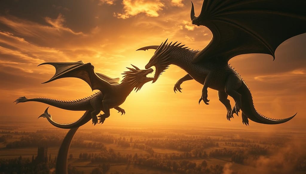 A vast, sweeping battlefield where two majestic dragons engage in a strategic aerial dance, their scales shimmering in the golden light of a setting sun. In the foreground, the dragons' powerful jaws clash, their claws locked in a fierce grapple as they spiral downward, their shadows cast long across the ground below. The middle ground reveals a sprawling landscape of rolling hills, dense forests, and the faint silhouettes of castle towers in the distance, hinting at the larger strategic landscape. The background is a rich, warm-toned sky, punctuated by wispy clouds and the fading rays of the sun, creating a sense of drama and urgency. Captured with a wide-angle lens, the scene conveys the grand scale and high-stakes nature of the dragons' battle. A vast, sweeping battlefield where two majestic dragons engage in a strategic aerial dance, their scales shimmering in the golden light of a setting sun. In the foreground, the dragons' powerful jaws clash, their claws locked in a fierce grapple as they spiral downward, their shadows cast long across the ground below. The middle ground reveals a sprawling landscape of rolling hills, dense forests, and the faint silhouettes of castle towers in the distance, hinting at the larger strategic landscape. The background is a rich, warm-toned sky, punctuated by wispy clouds and the fading rays of the sun, creating a sense of drama and urgency. Captured with a wide-angle lens, the scene conveys the grand scale and high-stakes nature of the dragons' battle.