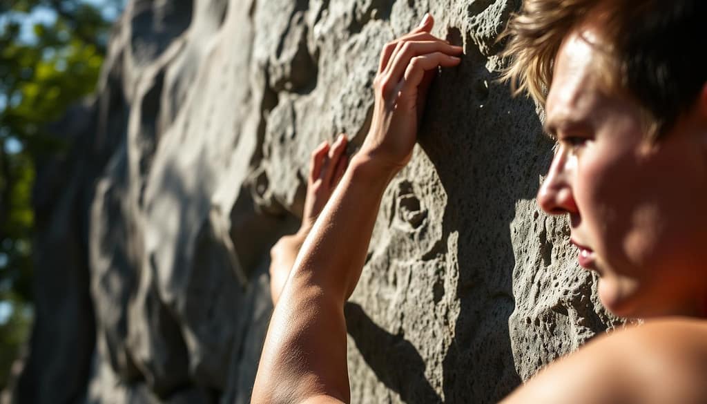 A well-lit, high-resolution photograph of a climber demonstrating the fundamental techniques for improving MMR (Movement, Momentum, and Rhythm) during a climbing session. The climber is shown in the foreground, their face and upper body visible, with a focused expression as they execute a dynamic move on the rock face. The middle ground features the texture and contours of the rock wall, with natural shadows and highlights accentuating the climber's form and movement. The background is blurred, suggesting an outdoor setting with natural elements like trees or sky visible. The image conveys a sense of balance, control, and the climber's mastery of the core skills required for efficient, high-performance climbing. A well-lit, high-resolution photograph of a climber demonstrating the fundamental techniques for improving MMR (Movement, Momentum, and Rhythm) during a climbing session. The climber is shown in the foreground, their face and upper body visible, with a focused expression as they execute a dynamic move on the rock face. The middle ground features the texture and contours of the rock wall, with natural shadows and highlights accentuating the climber's form and movement. The background is blurred, suggesting an outdoor setting with natural elements like trees or sky visible. The image conveys a sense of balance, control, and the climber's mastery of the core skills required for efficient, high-performance climbing.