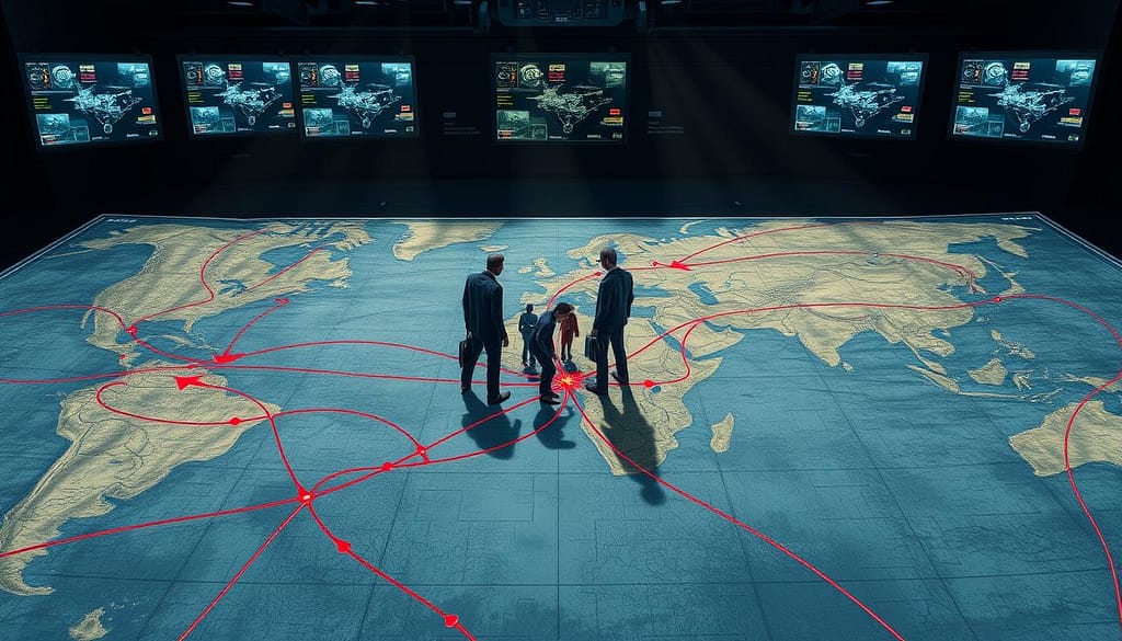 A detailed, high-resolution illustration of a strategic map displaying enemy movement patterns. In the foreground, intricate lines and arrows indicating routes, tactics, and predictions drawn in vibrant colors on a textured map surface. The middle layer features a few figures dressed in professional business attire, analyzing the map intently and discussing their strategies. In the background, a realistic war room environment with high-tech screens showing data and battlefield footage, dimly lit with focused spotlights highlighting key areas of the map. The atmosphere is tense and analytical, emphasized by dynamic lighting that casts shadows, creating a sense of urgency and importance in the scene. A detailed, high-resolution illustration of a strategic map displaying enemy movement patterns. In the foreground, intricate lines and arrows indicating routes, tactics, and predictions drawn in vibrant colors on a textured map surface. The middle layer features a few figures dressed in professional business attire, analyzing the map intently and discussing their strategies. In the background, a realistic war room environment with high-tech screens showing data and battlefield footage, dimly lit with focused spotlights highlighting key areas of the map. The atmosphere is tense and analytical, emphasized by dynamic lighting that casts shadows, creating a sense of urgency and importance in the scene.