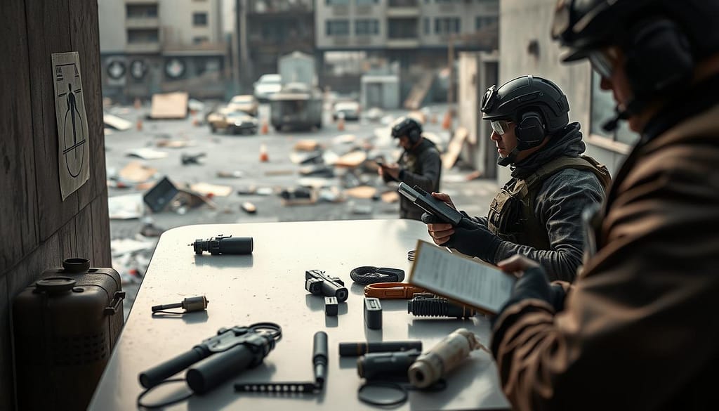 A detailed, immersive training scene showcasing a group of players practicing grenade lineups in a dynamic urban environment. In the foreground, a player in professional tactical gear focuses intently on a well-marked target on a wall, holding a smoke grenade in one hand while examining a notebook in the other. The middle ground features scattered equipment, such as utility gadgets and different types of grenades, laid out on a polished training table. In the background, an urban landscape with scattered debris and strategically placed obstacles reflects the tactical nature of the exercise. Soft, directional lighting accentuates the contours of the environment, while a slightly blurred depth of field enhances the focus on the player and their tools. The atmosphere is tense yet collaborative, emphasizing skill development and strategy. A detailed, immersive training scene showcasing a group of players practicing grenade lineups in a dynamic urban environment. In the foreground, a player in professional tactical gear focuses intently on a well-marked target on a wall, holding a smoke grenade in one hand while examining a notebook in the other. The middle ground features scattered equipment, such as utility gadgets and different types of grenades, laid out on a polished training table. In the background, an urban landscape with scattered debris and strategically placed obstacles reflects the tactical nature of the exercise. Soft, directional lighting accentuates the contours of the environment, while a slightly blurred depth of field enhances the focus on the player and their tools. The atmosphere is tense yet collaborative, emphasizing skill development and strategy.