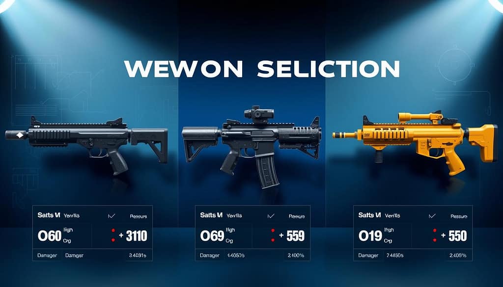 A detailed weapon selection statistics comparison visual, showcasing three distinct weapons side-by-side in a polished, modern infographic style. In the foreground, each weapon is represented in a dynamic, 3D display, with labels indicating their key stats such as damage, range, and rate of fire. The middle layer features a smooth gradient backdrop, subtly blending cool colors that enhance clarity and focus on the weapons. In the background, faint technical graphics, like schematics or movement paths, provide an engaging context. The lighting is bright and analytical, with soft shadows to create depth. The atmosphere is professional and informative, perfect for a serious analysis of weapon stats. No text, logos, or distracting elements should be present. A detailed weapon selection statistics comparison visual, showcasing three distinct weapons side-by-side in a polished, modern infographic style. In the foreground, each weapon is represented in a dynamic, 3D display, with labels indicating their key stats such as damage, range, and rate of fire. The middle layer features a smooth gradient backdrop, subtly blending cool colors that enhance clarity and focus on the weapons. In the background, faint technical graphics, like schematics or movement paths, provide an engaging context. The lighting is bright and analytical, with soft shadows to create depth. The atmosphere is professional and informative, perfect for a serious analysis of weapon stats. No text, logos, or distracting elements should be present.