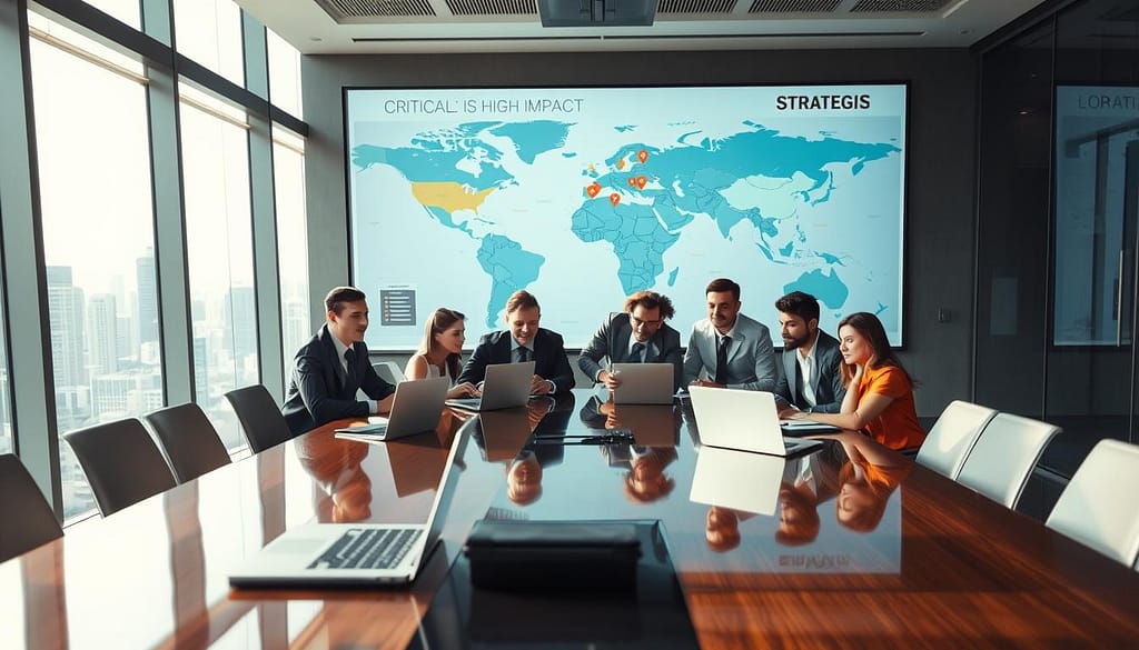 A dynamic aerial view of a strategic boardroom setup in a high-rise office, showcasing a large digital map projected onto a wall, highlighting critical high-impact locations. The foreground features a polished conference table with sleek laptops and notebooks. In the middle, a group of diverse professionals in smart business attire intently discusses strategies, with a mix of expressions from determination to contemplation. The background reveals city skyline views through large glass windows, with soft natural light streaming in, creating a focused yet inviting atmosphere. The color palette includes cool blues and warm earth tones, accentuating the importance of the setting. The angle emphasizes the strategic collaboration and engagement among team members, evoking a sense of potential and readiness to take action. A dynamic aerial view of a strategic boardroom setup in a high-rise office, showcasing a large digital map projected onto a wall, highlighting critical high-impact locations. The foreground features a polished conference table with sleek laptops and notebooks. In the middle, a group of diverse professionals in smart business attire intently discusses strategies, with a mix of expressions from determination to contemplation. The background reveals city skyline views through large glass windows, with soft natural light streaming in, creating a focused yet inviting atmosphere. The color palette includes cool blues and warm earth tones, accentuating the importance of the setting. The angle emphasizes the strategic collaboration and engagement among team members, evoking a sense of potential and readiness to take action.