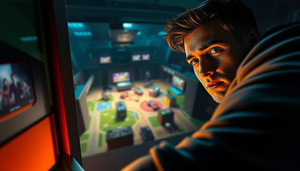A dynamic and captivating scene illustrating "predictive peeking patterns" in a gaming setting. In the foreground, a skilled player in casual attire is peeking around a digital corner, their focused expression showing engagement and strategy. The middle ground features a vibrant gaming environment with shadows and light highlighting various obstacles, representing the tactical layers of peeking. The background displays a stylized map with dotted lines indicating predicted player movement paths, creating a sense of anticipation. The lighting is dramatic, casting soft glows on the player's face and illuminating the corner they are peeking from, enhancing the mood of strategic tension and excitement. The angle is dramatic, capturing the action from slightly below eye level, immersing the viewer in the gameplay atmosphere. A dynamic and captivating scene illustrating "predictive peeking patterns" in a gaming setting. In the foreground, a skilled player in casual attire is peeking around a digital corner, their focused expression showing engagement and strategy. The middle ground features a vibrant gaming environment with shadows and light highlighting various obstacles, representing the tactical layers of peeking. The background displays a stylized map with dotted lines indicating predicted player movement paths, creating a sense of anticipation. The lighting is dramatic, casting soft glows on the player's face and illuminating the corner they are peeking from, enhancing the mood of strategic tension and excitement. The angle is dramatic, capturing the action from slightly below eye level, immersing the viewer in the gameplay atmosphere.