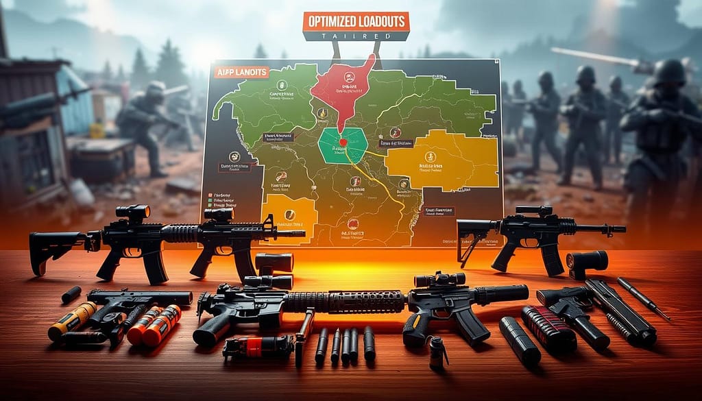 A dynamic and visually striking illustration featuring an array of optimized loadouts tailored for various maps and game modes. In the foreground, neatly arranged weaponry and gear, showcasing a combination of rifles, pistols, grenades, and tactical equipment. The middle ground presents a digital map layout, with distinct zones labelled for different strategies, represented through vivid colors and icons. The background displays an ethereal battlefield setting, hinting at various environments like urban streets, dense forests, and open fields, subtly blending into the map design. The lighting casts a strategic glow on the equipment, enhancing the focus on the loadouts, while a slight depth of field emphasizes the foreground elements, creating a professional and competitive atmosphere for players to absorb. A dynamic and visually striking illustration featuring an array of optimized loadouts tailored for various maps and game modes. In the foreground, neatly arranged weaponry and gear, showcasing a combination of rifles, pistols, grenades, and tactical equipment. The middle ground presents a digital map layout, with distinct zones labelled for different strategies, represented through vivid colors and icons. The background displays an ethereal battlefield setting, hinting at various environments like urban streets, dense forests, and open fields, subtly blending into the map design. The lighting casts a strategic glow on the equipment, enhancing the focus on the loadouts, while a slight depth of field emphasizes the foreground elements, creating a professional and competitive atmosphere for players to absorb.