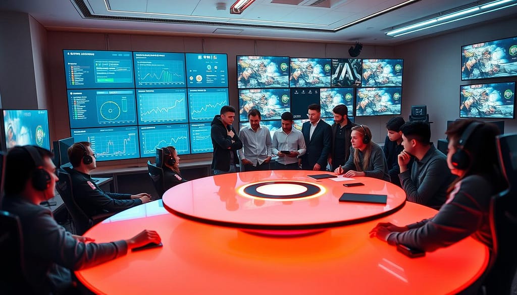 A dynamic esports analysis scene inside a modern gaming studio. In the foreground, focused professional gamers in smart casual attire sit at sleek, illuminated gaming setups, immersed in strategizing around a large digital display showing evolving game statistics and charts. In the middle, a diverse group of analysts gather around a high-tech round table, discussing tactical adaptations and meta shifts, their expressions reflecting concentration and insight. The background features a wall full of monitors streaming live games and player highlights, infusing the atmosphere with excitement. Soft, ambient lighting creates an engaging atmosphere, with sharp contrasts highlighting the tension and collaboration within the team. A cinematic angle captures the depth of the room, emphasizing the interplay between technology and strategy in esports. A dynamic esports analysis scene inside a modern gaming studio. In the foreground, focused professional gamers in smart casual attire sit at sleek, illuminated gaming setups, immersed in strategizing around a large digital display showing evolving game statistics and charts. In the middle, a diverse group of analysts gather around a high-tech round table, discussing tactical adaptations and meta shifts, their expressions reflecting concentration and insight. The background features a wall full of monitors streaming live games and player highlights, infusing the atmosphere with excitement. Soft, ambient lighting creates an engaging atmosphere, with sharp contrasts highlighting the tension and collaboration within the team. A cinematic angle captures the depth of the room, emphasizing the interplay between technology and strategy in esports.