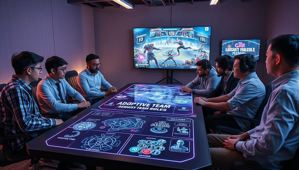 A dynamic esports strategy meeting scene set in a modern gaming environment. In the foreground, a diverse group of professional gamers, dressed in smart casual attire, intensely discusses adaptive team roles around a high-tech table featuring holographic displays of enemy compositions and maps. The middle ground includes monitors showcasing various game stats and animated graphics illustrating different character roles and strategies. In the background, a large screen displays the game's battlefield, filled with an array of characters and team icons. Soft neon lighting illuminates the room, creating an energetic and focused atmosphere, with a slight tilt-angle perspective emphasizing the teamwork in action. The overall mood is one of collaboration and tactical precision, reflecting the importance of adapting strategies based on enemy characteristics. A dynamic esports strategy meeting scene set in a modern gaming environment. In the foreground, a diverse group of professional gamers, dressed in smart casual attire, intensely discusses adaptive team roles around a high-tech table featuring holographic displays of enemy compositions and maps. The middle ground includes monitors showcasing various game stats and animated graphics illustrating different character roles and strategies. In the background, a large screen displays the game's battlefield, filled with an array of characters and team icons. Soft neon lighting illuminates the room, creating an energetic and focused atmosphere, with a slight tilt-angle perspective emphasizing the teamwork in action. The overall mood is one of collaboration and tactical precision, reflecting the importance of adapting strategies based on enemy characteristics.