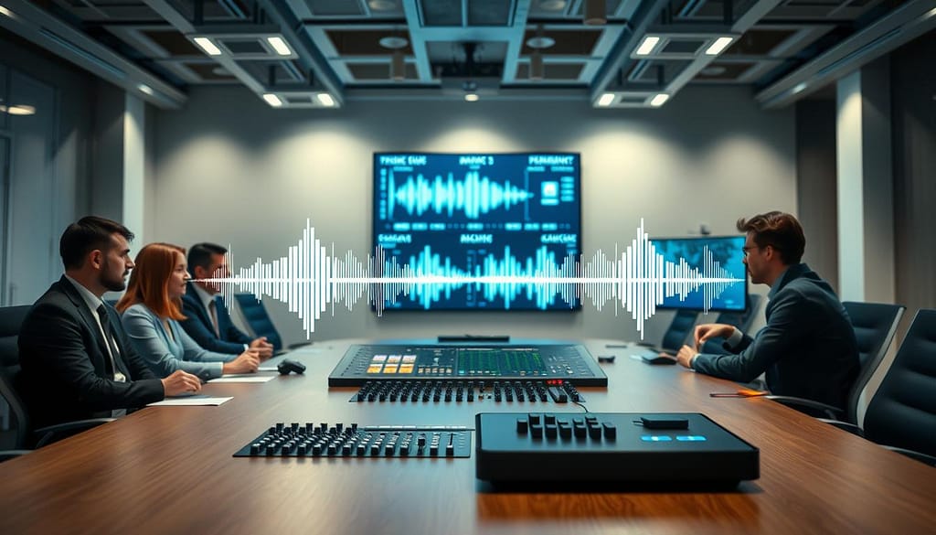 A dynamic office space with a modern aesthetic, featuring a large conference table in the foreground, surrounded by professionals in business attire engaged in focused discussions. In the middle ground, a sleek sound console emits visual waveforms and sound cues, illustrating the concept of timing audio strategically. The background displays a digital screen with visual representations of audio frequencies, emphasizing the tactical advantage of sound. Soft, ambient lighting highlights the scene, creating an atmosphere of concentration and innovation. The angle is slightly elevated to capture all elements clearly, inviting viewers to explore the interaction between sound and strategy in this modern setting. A dynamic office space with a modern aesthetic, featuring a large conference table in the foreground, surrounded by professionals in business attire engaged in focused discussions. In the middle ground, a sleek sound console emits visual waveforms and sound cues, illustrating the concept of timing audio strategically. The background displays a digital screen with visual representations of audio frequencies, emphasizing the tactical advantage of sound. Soft, ambient lighting highlights the scene, creating an atmosphere of concentration and innovation. The angle is slightly elevated to capture all elements clearly, inviting viewers to explore the interaction between sound and strategy in this modern setting.