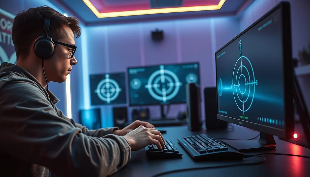 A dynamic scene capturing an advanced FPS gaming drill focused on muscle memory training. In the foreground, a focused gamer in casual, comfortable attire is intently positioned at a gaming station, hands poised over a sleek, high-tech gaming keyboard and mouse, emanating concentration. In the middle ground, digital visuals of targets and reticles illuminate from the computer screen, with subtle motion blur suggesting rapid, precise movements as the player practices timing shots. The background features a stylish gaming room with ambient LED lighting in cool tones, enhancing the focus on the action. Soft shadows create depth, while a slight lens flare adds a futuristic vibe, embodying the intense atmosphere of training in a competitive e-sports environment. A dynamic scene capturing an advanced FPS gaming drill focused on muscle memory training. In the foreground, a focused gamer in casual, comfortable attire is intently positioned at a gaming station, hands poised over a sleek, high-tech gaming keyboard and mouse, emanating concentration. In the middle ground, digital visuals of targets and reticles illuminate from the computer screen, with subtle motion blur suggesting rapid, precise movements as the player practices timing shots. The background features a stylish gaming room with ambient LED lighting in cool tones, enhancing the focus on the action. Soft shadows create depth, while a slight lens flare adds a futuristic vibe, embodying the intense atmosphere of training in a competitive e-sports environment.
