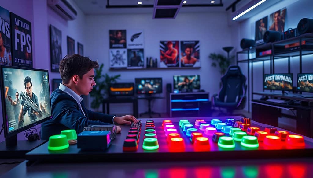 A dynamic scene depicting a modern gaming environment focused on reaction speed training techniques for FPS gamers. In the foreground, a focused gamer in smart casual attire sits at a sleek gaming desk, intensely watching a monitor with a training simulation displayed. The middle layer showcases a series of colorful, interactive LED lights illuminating a set of reaction training devices, with various colored buttons and sensors designed to enhance coordination and quick decision-making. The background features a high-tech gaming room, filled with posters of popular FPS games, a wide gaming chair, and shelves lined with gaming consoles and accessories. Soft, ambient lighting creates an engaging and motivational atmosphere, emphasizing the seriousness of training while providing an inviting vibe. Capture this scene from a dynamic angle, suggesting movement and energy. A dynamic scene depicting a modern gaming environment focused on reaction speed training techniques for FPS gamers. In the foreground, a focused gamer in smart casual attire sits at a sleek gaming desk, intensely watching a monitor with a training simulation displayed. The middle layer showcases a series of colorful, interactive LED lights illuminating a set of reaction training devices, with various colored buttons and sensors designed to enhance coordination and quick decision-making. The background features a high-tech gaming room, filled with posters of popular FPS games, a wide gaming chair, and shelves lined with gaming consoles and accessories. Soft, ambient lighting creates an engaging and motivational atmosphere, emphasizing the seriousness of training while providing an inviting vibe. Capture this scene from a dynamic angle, suggesting movement and energy.