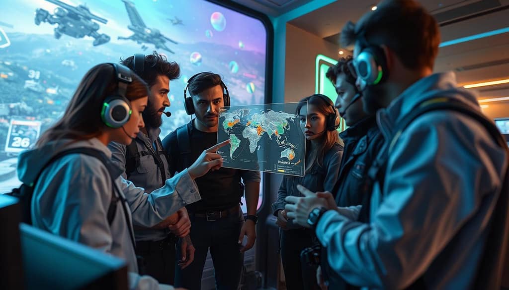 A dynamic scene illustrating "strategic callouts communication" in a futuristic gaming environment. In the foreground, a group of diverse gamers, dressed in professional gaming attire, engage in intense discussion, with one player pointing at a holographic map displaying tactical information, showcasing various strategic points. In the middle, sleek gaming equipment and headsets set the tone for a high-tech gaming atmosphere. The background features a colorful digital landscape filled with holograms and glowing interfaces, emphasizing a sense of coordination and strategy. Use soft blue and green lighting to convey focus and energy, captured from a low angle that showcases the group's engagement while emphasizing the immersive environment. The mood is collaborative and intense, reflecting the importance of clear communication in a fast-paced gaming scenario. A dynamic scene illustrating "strategic callouts communication" in a futuristic gaming environment. In the foreground, a group of diverse gamers, dressed in professional gaming attire, engage in intense discussion, with one player pointing at a holographic map displaying tactical information, showcasing various strategic points. In the middle, sleek gaming equipment and headsets set the tone for a high-tech gaming atmosphere. The background features a colorful digital landscape filled with holograms and glowing interfaces, emphasizing a sense of coordination and strategy. Use soft blue and green lighting to convey focus and energy, captured from a low angle that showcases the group's engagement while emphasizing the immersive environment. The mood is collaborative and intense, reflecting the importance of clear communication in a fast-paced gaming scenario.