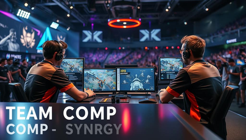 A dynamic scene illustrating "team comp synergy" in an FPS esports setting. In the foreground, a diverse group of four professional gamers, dressed in sleek, matching esports jerseys, are engaged in a strategic discussion around a high-tech gaming table outfitted with multiple monitors displaying in-game maps and stats. In the middle ground, action-packed gameplay is portrayed on the screens, highlighting character roles like a support healer, front-line tank, and agile sniper, emphasizing their cohesive teamwork. The background features a modern esports arena with vivid LED lights casting a professional atmosphere, while a cheering crowd is faintly visible, adding to the excitement. The lighting is dramatic, with spotlights illuminating the players and a slightly blurred focus on the background, creating a sense of intensity and focus on synergy in gameplay. A dynamic scene illustrating "team comp synergy" in an FPS esports setting. In the foreground, a diverse group of four professional gamers, dressed in sleek, matching esports jerseys, are engaged in a strategic discussion around a high-tech gaming table outfitted with multiple monitors displaying in-game maps and stats. In the middle ground, action-packed gameplay is portrayed on the screens, highlighting character roles like a support healer, front-line tank, and agile sniper, emphasizing their cohesive teamwork. The background features a modern esports arena with vivid LED lights casting a professional atmosphere, while a cheering crowd is faintly visible, adding to the excitement. The lighting is dramatic, with spotlights illuminating the players and a slightly blurred focus on the background, creating a sense of intensity and focus on synergy in gameplay.