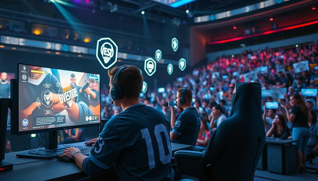 A dynamic scene illustrating the impact of game patches on gameplay, set in an esports arena. In the foreground, a focused player sits at a high-tech gaming rig, wearing a professional team jersey, intensely analyzing a new game update on a large monitor. The middle ground features team members engaged in strategy discussions, surrounded by visual elements like glowing patches and in-game stats floating as holograms. The background captures a vibrant audience filled with passionate fans, waving banners and holding digital devices displaying live feeds. Soft, colorful ambient lighting emphasizes the energy of the environment, creating a sense of urgency and excitement, with a slightly blurred depth of field that conveys a fast-paced, evolving gaming atmosphere. A dynamic scene illustrating the impact of game patches on gameplay, set in an esports arena. In the foreground, a focused player sits at a high-tech gaming rig, wearing a professional team jersey, intensely analyzing a new game update on a large monitor. The middle ground features team members engaged in strategy discussions, surrounded by visual elements like glowing patches and in-game stats floating as holograms. The background captures a vibrant audience filled with passionate fans, waving banners and holding digital devices displaying live feeds. Soft, colorful ambient lighting emphasizes the energy of the environment, creating a sense of urgency and excitement, with a slightly blurred depth of field that conveys a fast-paced, evolving gaming atmosphere.
