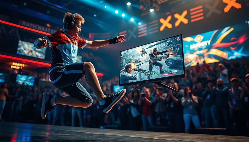 A dynamic scene showcasing a skilled gamer executing advanced strafing techniques in a vibrant esports arena. In the foreground, the gamer, dressed in a professional team jersey and headset, is captured mid-motion, with one foot off the ground in a jumping stance, emphasizing agility and precision. The middle layer features a close-up of the computer monitor displaying an action-packed FPS game, complete with vivid graphics and a chaotic battlefield. The background reveals a cheering crowd with colorful LED lights and screens, creating an electric atmosphere. The lighting is intense, with sharp contrasts that highlight the motion of the gamer and the excitement of the scene. Capture the essence of competitive gaming, focusing on the skill and dedication involved. A dynamic scene showcasing a skilled gamer executing advanced strafing techniques in a vibrant esports arena. In the foreground, the gamer, dressed in a professional team jersey and headset, is captured mid-motion, with one foot off the ground in a jumping stance, emphasizing agility and precision. The middle layer features a close-up of the computer monitor displaying an action-packed FPS game, complete with vivid graphics and a chaotic battlefield. The background reveals a cheering crowd with colorful LED lights and screens, creating an electric atmosphere. The lighting is intense, with sharp contrasts that highlight the motion of the gamer and the excitement of the scene. Capture the essence of competitive gaming, focusing on the skill and dedication involved.