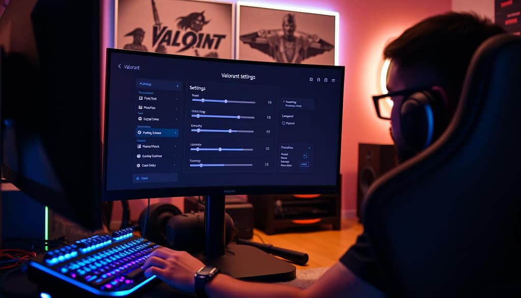 A focused gamer sitting in a modern gaming chair, adjusting Valorant audio settings on a high-end gaming monitor. The foreground features a sleek keyboard and mouse with RGB lighting glowing softly. In the middle, the monitor's screen displays intricate audio settings, emphasizing footstep volume sliders and other configurations, illuminated by a soft blue light. The background reveals a well-decorated gaming room, complete with wall art of Valorant characters and a subtle neon glow. The atmosphere is intense yet focused, with warm ambient lighting that creates a cozy, productive vibe. The image captures the essence of optimizing audio for a tactical gaming advantage, showcasing a blend of technology and strategy. A focused gamer sitting in a modern gaming chair, adjusting Valorant audio settings on a high-end gaming monitor. The foreground features a sleek keyboard and mouse with RGB lighting glowing softly. In the middle, the monitor's screen displays intricate audio settings, emphasizing footstep volume sliders and other configurations, illuminated by a soft blue light. The background reveals a well-decorated gaming room, complete with wall art of Valorant characters and a subtle neon glow. The atmosphere is intense yet focused, with warm ambient lighting that creates a cozy, productive vibe. The image captures the essence of optimizing audio for a tactical gaming advantage, showcasing a blend of technology and strategy.