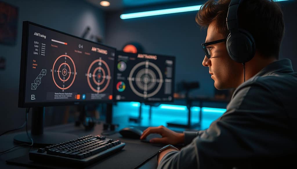 A focused, modern gaming setup in a dimly lit room, where a professional gamer, dressed in casual yet polished attire, is intently practicing aim training on a high-resolution monitor. In the foreground, detailed visual elements include a mechanical keyboard and a high-performance mouse, alongside a mouse pad displaying target crosshairs. The middle ground features the gamer’s serious expression and an array of metrics showing accuracy improvement on the screen, illustrating precision and focus. The background is softly blurred to emphasize a high-tech ambiance, with ambient LED lights casting a cool glow, creating an atmosphere of concentration and dedication to honing skills. The overall mood conveys intensity and commitment, perfect for showcasing advanced aim training techniques. A focused, modern gaming setup in a dimly lit room, where a professional gamer, dressed in casual yet polished attire, is intently practicing aim training on a high-resolution monitor. In the foreground, detailed visual elements include a mechanical keyboard and a high-performance mouse, alongside a mouse pad displaying target crosshairs. The middle ground features the gamer’s serious expression and an array of metrics showing accuracy improvement on the screen, illustrating precision and focus. The background is softly blurred to emphasize a high-tech ambiance, with ambient LED lights casting a cool glow, creating an atmosphere of concentration and dedication to honing skills. The overall mood conveys intensity and commitment, perfect for showcasing advanced aim training techniques.