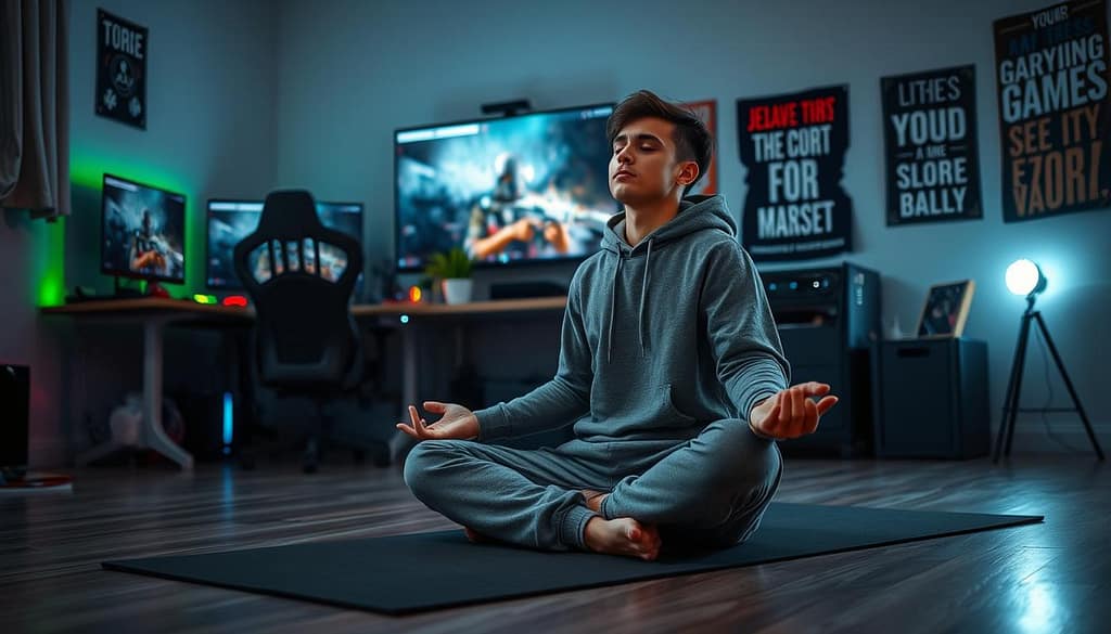 A focused scene depicting a competitive gamer preparing for a match, set in a cozy, dimly lit room. In the foreground, a young adult in a fitted hoodie and cozy sweatpants is engaged in a calming pre-game routine, sitting cross-legged on a yoga mat, eyes closed in meditation. On the side, a neatly arranged gaming desk is visible, adorned with an ergonomic chair, colorful LED lights, and custom gaming accessories. In the middle ground, a small potted plant adds a touch of nature, symbolizing balance and health. The background features a large monitor displaying a paused FPS game and motivational posters on the wall, creating an atmosphere of focus and resilience. The overall mood is serene and motivational, emphasizing mental preparation. Soft lighting enhances the calming ambiance. A focused scene depicting a competitive gamer preparing for a match, set in a cozy, dimly lit room. In the foreground, a young adult in a fitted hoodie and cozy sweatpants is engaged in a calming pre-game routine, sitting cross-legged on a yoga mat, eyes closed in meditation. On the side, a neatly arranged gaming desk is visible, adorned with an ergonomic chair, colorful LED lights, and custom gaming accessories. In the middle ground, a small potted plant adds a touch of nature, symbolizing balance and health. The background features a large monitor displaying a paused FPS game and motivational posters on the wall, creating an atmosphere of focus and resilience. The overall mood is serene and motivational, emphasizing mental preparation. Soft lighting enhances the calming ambiance.