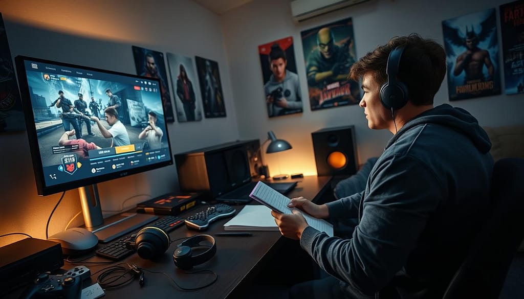 A focused scene of a gaming coach conducting a gameplay analysis session with a young gamer. In the foreground, the coach, a middle-aged person in professional attire, is pointing at a large monitor displaying gameplay footage, showcasing various stats and highlights. The gamer, dressed in casual, modest clothing, appears engaged, taking notes. In the middle ground, a cluttered desk is filled with gaming gear like a headset, controller, and a notepad, enhancing the analytical atmosphere. In the background, dim ambient lighting sets a serious and reflective mood, with posters of popular games adorning the walls. The angle is slightly tilted from above, offering a comprehensive view of the interaction, emphasizing the coaching dynamic. The overall atmosphere resonates with dedication and improvement in gaming skills. A focused scene of a gaming coach conducting a gameplay analysis session with a young gamer. In the foreground, the coach, a middle-aged person in professional attire, is pointing at a large monitor displaying gameplay footage, showcasing various stats and highlights. The gamer, dressed in casual, modest clothing, appears engaged, taking notes. In the middle ground, a cluttered desk is filled with gaming gear like a headset, controller, and a notepad, enhancing the analytical atmosphere. In the background, dim ambient lighting sets a serious and reflective mood, with posters of popular games adorning the walls. The angle is slightly tilted from above, offering a comprehensive view of the interaction, emphasizing the coaching dynamic. The overall atmosphere resonates with dedication and improvement in gaming skills.