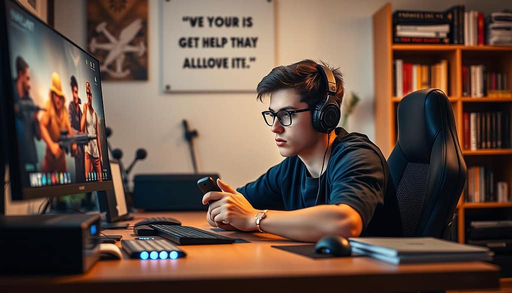 A focused young adult seated in a modern home office, immersed in a competitive FPS game on a high-resolution monitor. The foreground features a neatly arranged desk with gaming peripherals and motivational quotes subtly displayed in the background. The middle ground highlights the player's expression, showcasing determination and concentration, with an intensity that reflects the high stakes of solo gaming. Soft, warm lighting casts a glow on the player's face, while hints of blue LED lights from the gaming setup create a vibrant contrast. The background shows a cozy bookshelf filled with self-help books and gaming memorabilia, contributing to a productive and motivational atmosphere. The overall mood is one of empowerment and accountability, embodying the essence of a personal improvement mindset. A focused young adult seated in a modern home office, immersed in a competitive FPS game on a high-resolution monitor. The foreground features a neatly arranged desk with gaming peripherals and motivational quotes subtly displayed in the background. The middle ground highlights the player's expression, showcasing determination and concentration, with an intensity that reflects the high stakes of solo gaming. Soft, warm lighting casts a glow on the player's face, while hints of blue LED lights from the gaming setup create a vibrant contrast. The background shows a cozy bookshelf filled with self-help books and gaming memorabilia, contributing to a productive and motivational atmosphere. The overall mood is one of empowerment and accountability, embodying the essence of a personal improvement mindset.