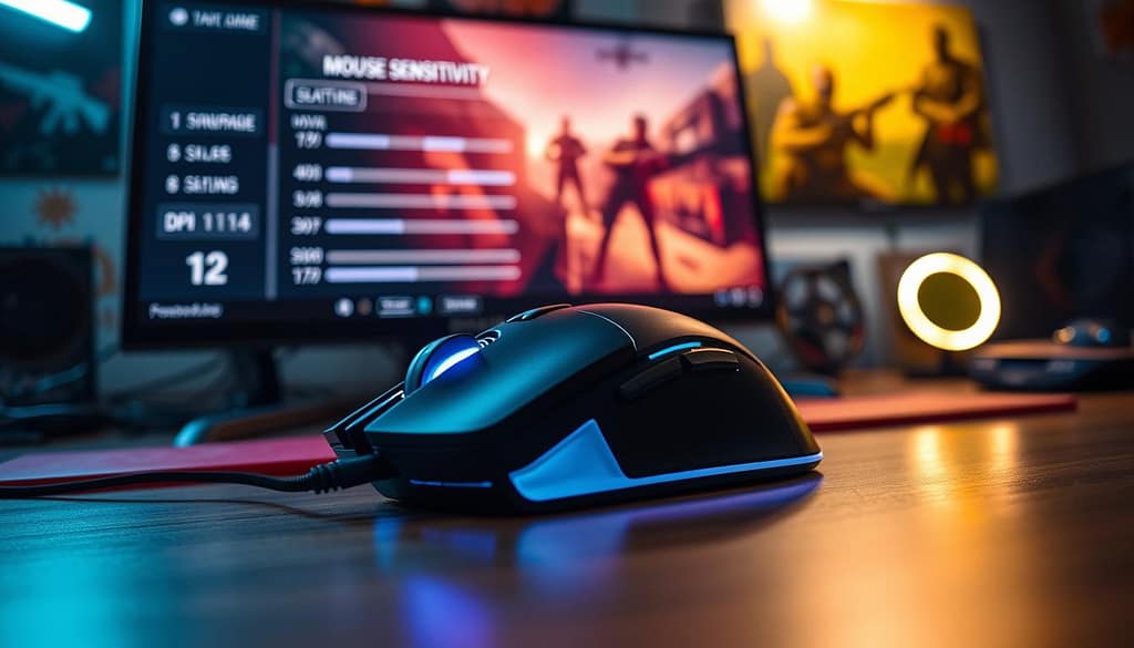 A highly detailed digital workspace showcasing mouse sensitivity settings for gamers. In the foreground, an illuminated gaming mouse features programmable buttons and a DPI adjustment dial, casting a soft glow. The middle ground displays a sleek computer screen with a graphic representation of mouse sensitivity settings, including sliders and numerical values. The background subtly features posters of popular FPS games, enhancing the gaming atmosphere. The lighting is bright but balanced, ensuring visibility of the details, while a slight bokeh effect softens the background. The overall mood is focused and professional, aimed at serious gamers, with a hint of competitive intensity, evoking a sense of mastery and precision in aim training. A highly detailed digital workspace showcasing mouse sensitivity settings for gamers. In the foreground, an illuminated gaming mouse features programmable buttons and a DPI adjustment dial, casting a soft glow. The middle ground displays a sleek computer screen with a graphic representation of mouse sensitivity settings, including sliders and numerical values. The background subtly features posters of popular FPS games, enhancing the gaming atmosphere. The lighting is bright but balanced, ensuring visibility of the details, while a slight bokeh effect softens the background. The overall mood is focused and professional, aimed at serious gamers, with a hint of competitive intensity, evoking a sense of mastery and precision in aim training.