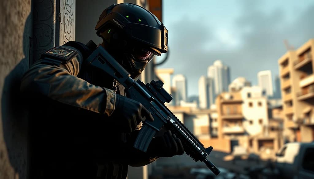 A highly detailed scene of a tactical operator demonstrating advanced peeking techniques in a virtual first-person shooter environment. In the foreground, a soldier in professional tactical gear, including a helmet and body armor, is leaning around a corner, holding an assault rifle with precision. The middle ground features an urban setting with destructed buildings and obstacles that provide cover. The background shows a blurred cityscape, giving a sense of depth. The lighting is dramatic, with dynamic shadows and highlights to enhance the intensity of the moment. A low-angle shot emphasizes the soldier's focus and strategy, capturing the essence of movement and weapon accuracy in gameplay. The atmosphere exudes tension and concentration, perfect for illustrating advanced movement techniques. A highly detailed scene of a tactical operator demonstrating advanced peeking techniques in a virtual first-person shooter environment. In the foreground, a soldier in professional tactical gear, including a helmet and body armor, is leaning around a corner, holding an assault rifle with precision. The middle ground features an urban setting with destructed buildings and obstacles that provide cover. The background shows a blurred cityscape, giving a sense of depth. The lighting is dramatic, with dynamic shadows and highlights to enhance the intensity of the moment. A low-angle shot emphasizes the soldier's focus and strategy, capturing the essence of movement and weapon accuracy in gameplay. The atmosphere exudes tension and concentration, perfect for illustrating advanced movement techniques.