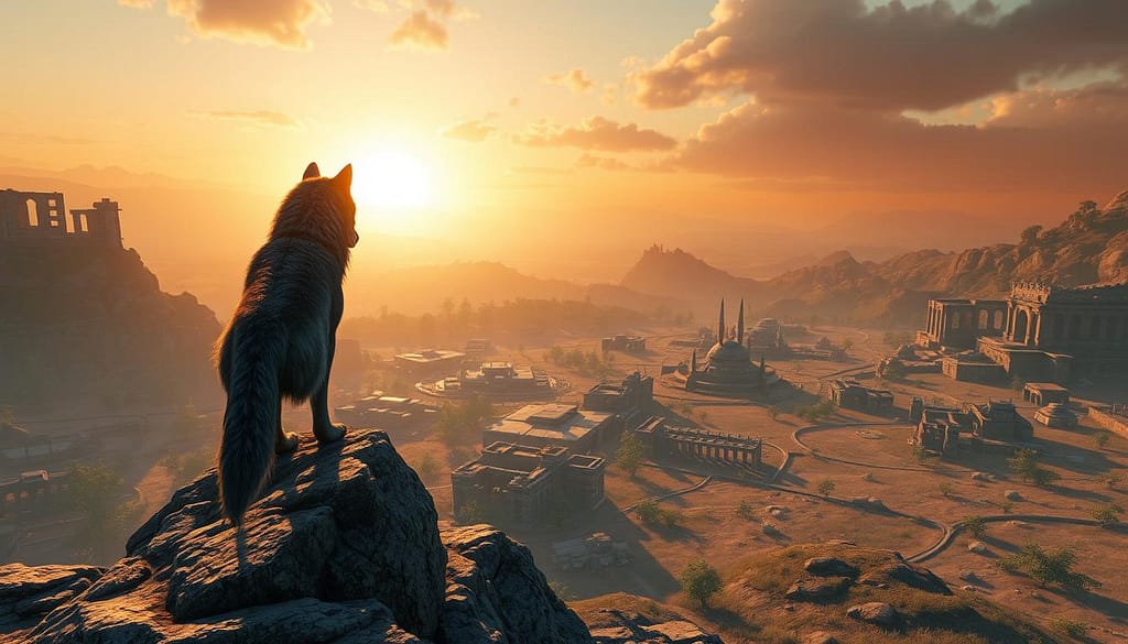 A lone wolf stands atop a rocky outcrop, surveying a vast, digitally-rendered battlefield of an FPS game. The foreground features the wolf, depicted with sharp features, its fur slightly ruffled by the wind, symbolizing resilience and strategic prowess. In the middle ground, a panoramic view of the game's landscape reveals diverse terrain, including crumbling ruins and lush greenery, hinting at tactical spots. The background showcases a vibrant sunset, casting golden light that creates dramatic shadows, enhancing the atmosphere of solitude and determination. Use a slightly low angle to elevate the wolf’s stance, giving it an imposing presence. The mood is intense yet contemplative, emphasizing focus and the weight of strategic decision-making in competition. A lone wolf stands atop a rocky outcrop, surveying a vast, digitally-rendered battlefield of an FPS game. The foreground features the wolf, depicted with sharp features, its fur slightly ruffled by the wind, symbolizing resilience and strategic prowess. In the middle ground, a panoramic view of the game's landscape reveals diverse terrain, including crumbling ruins and lush greenery, hinting at tactical spots. The background showcases a vibrant sunset, casting golden light that creates dramatic shadows, enhancing the atmosphere of solitude and determination. Use a slightly low angle to elevate the wolf’s stance, giving it an imposing presence. The mood is intense yet contemplative, emphasizing focus and the weight of strategic decision-making in competition.