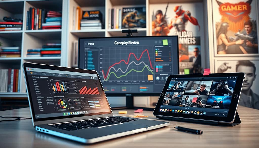 A modern workspace featuring an array of gameplay review tools for analyzing play. In the foreground, a sleek laptop open to a detailed analytics dashboard, showing gameplay stats and performance metrics. To the right, a tablet displayed with video replays of gameplay moments, highlighted clips, and notes. In the middle, a large monitor showcasing a graph analyzing player performance trends, surrounded by colorful sticky notes and a stylus. The background features a well-organized bookshelf filled with gaming strategy guides and inspirational posters of iconic gaming moments. Soft, natural lighting illuminates the setup, creating a focused yet inviting atmosphere, with a shallow depth of field that subtly blurs the background, drawing attention to the tools. The mood is dedicated and professional, perfect for gamers striving for self-improvement. A modern workspace featuring an array of gameplay review tools for analyzing play. In the foreground, a sleek laptop open to a detailed analytics dashboard, showing gameplay stats and performance metrics. To the right, a tablet displayed with video replays of gameplay moments, highlighted clips, and notes. In the middle, a large monitor showcasing a graph analyzing player performance trends, surrounded by colorful sticky notes and a stylus. The background features a well-organized bookshelf filled with gaming strategy guides and inspirational posters of iconic gaming moments. Soft, natural lighting illuminates the setup, creating a focused yet inviting atmosphere, with a shallow depth of field that subtly blurs the background, drawing attention to the tools. The mood is dedicated and professional, perfect for gamers striving for self-improvement.
